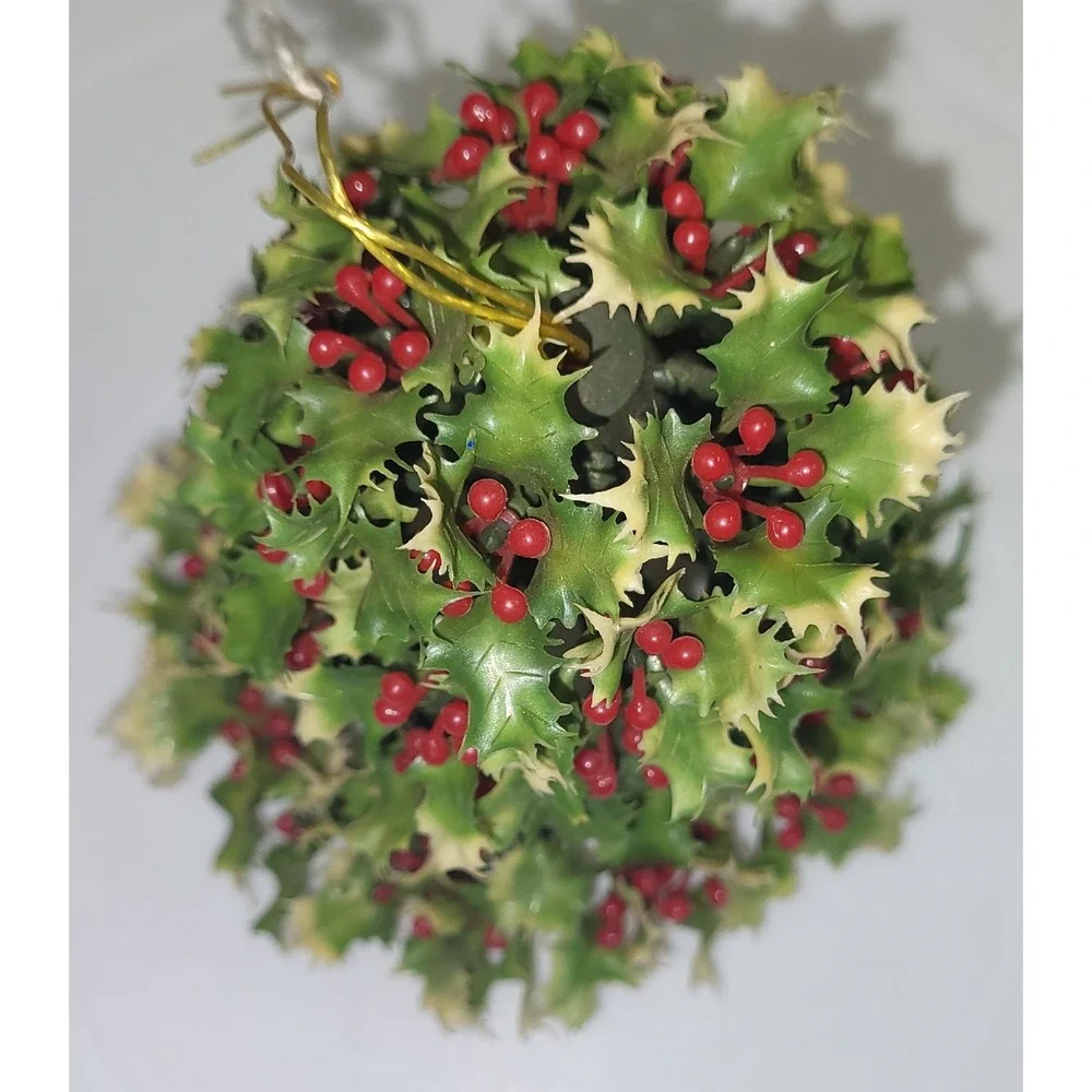 Christmas Bell Plastic Ornament Green Holly Berry Vintage Style